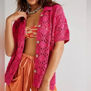 Free People Beach NWT Emily Fauxchet Pink Button Down Cardigan Coverup Sweater