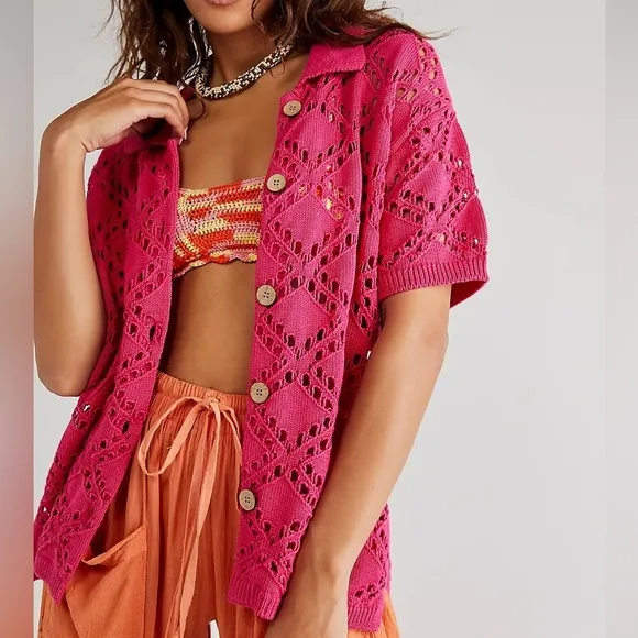 Free People Beach NWT Emily Fauxchet Pink Button Down Cardigan Coverup Sweater