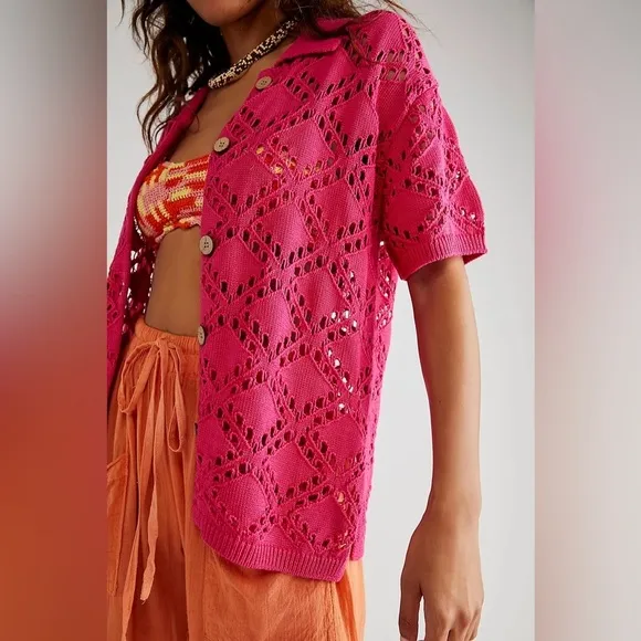 Free People Beach NWT Emily Fauxchet Pink Button Down Cardigan Coverup Sweater
