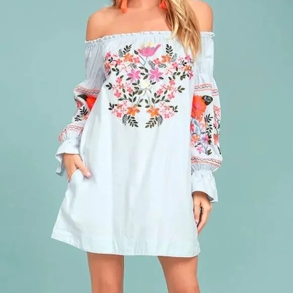 Free People Fleur De Jour Floral Embroidered Dress in Light Blue, Size XS‎