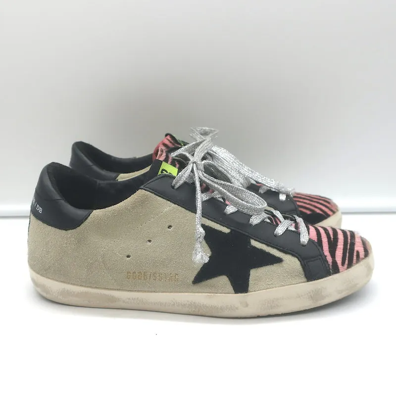 Golden Goose Superstar Sneakers Pink Zebra Print Pony Hair & Taupe Suede Size 38