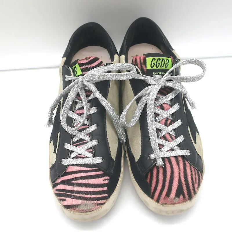 Golden Goose Superstar Sneakers Pink Zebra Print Pony Hair & Taupe Suede Size 38
