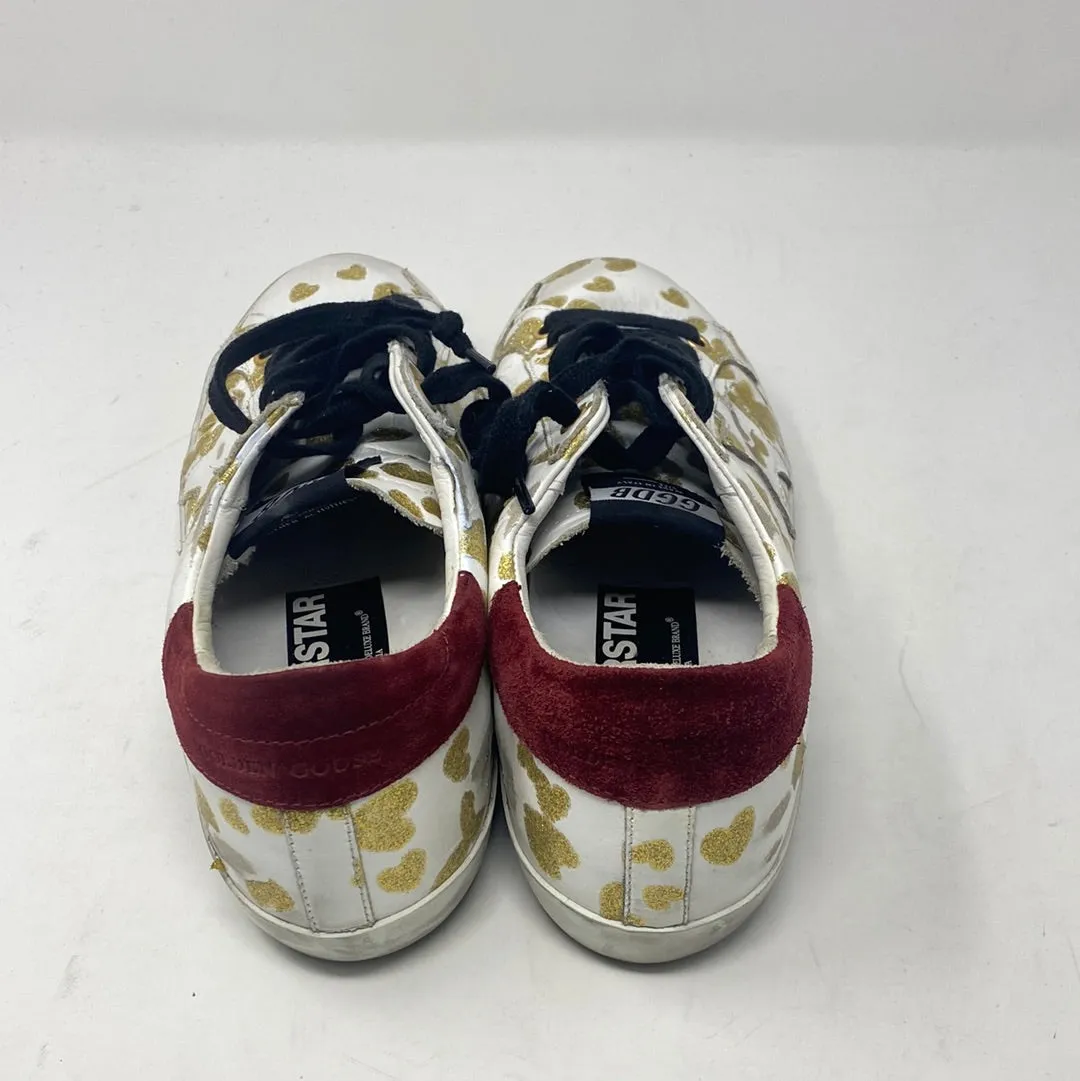 Golden Goose Superstar White Sneaker with Gold Glitter Leopardprint and Maroon Suede Back