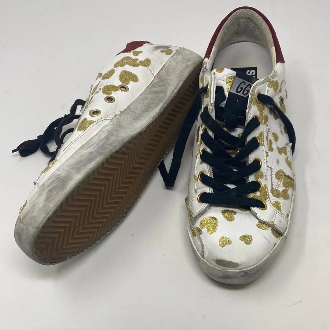 Golden Goose Superstar White Sneaker with Gold Glitter Leopardprint and Maroon Suede Back