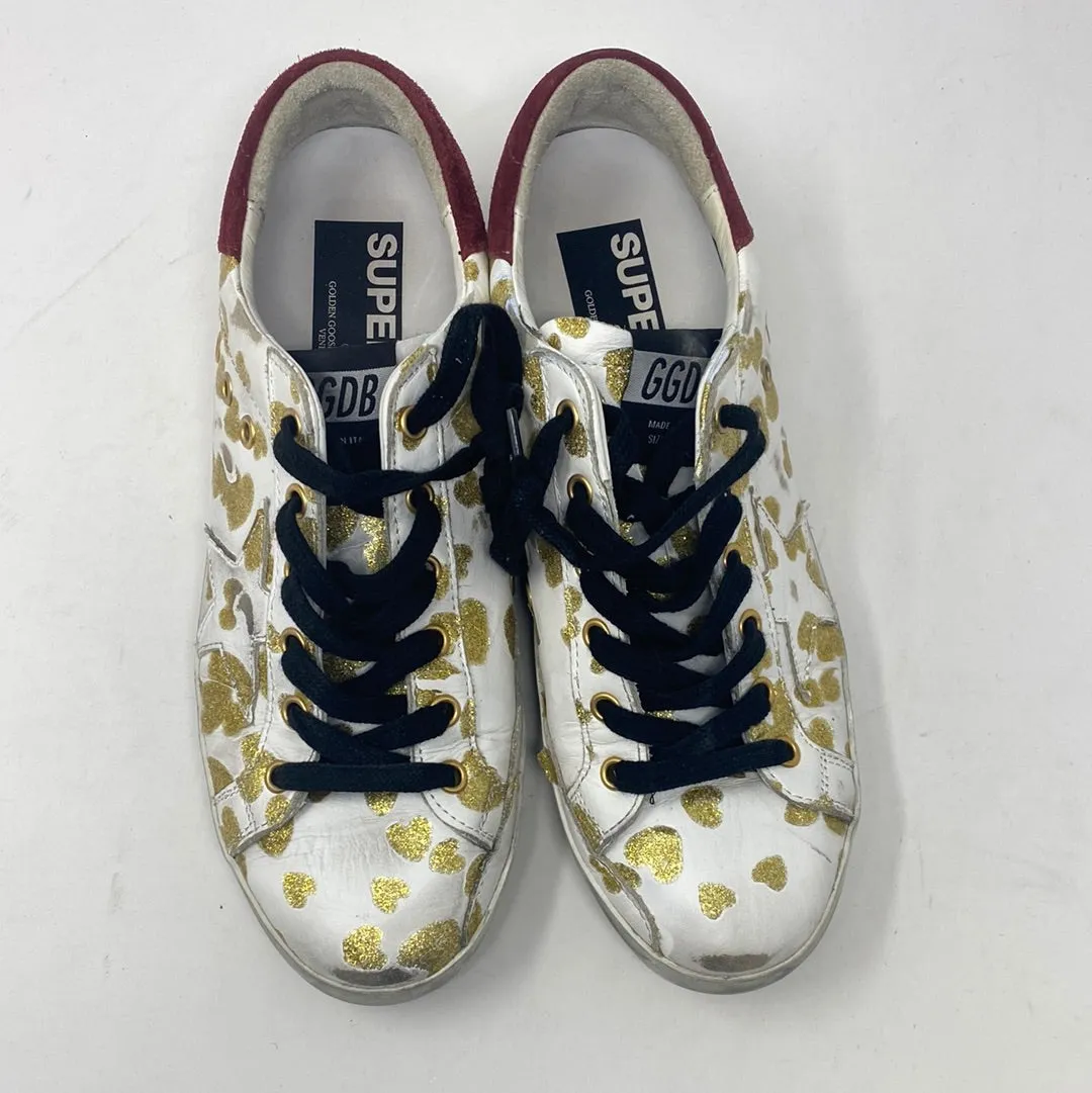 Golden Goose Superstar White Sneaker with Gold Glitter Leopardprint and Maroon Suede Back