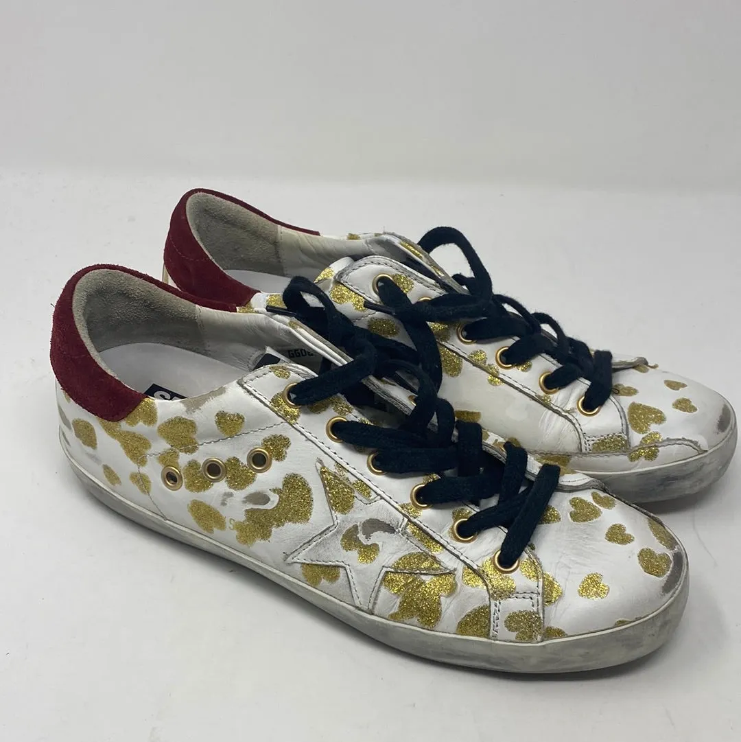 Golden Goose Superstar White Sneaker with Gold Glitter Leopardprint and Maroon Suede Back