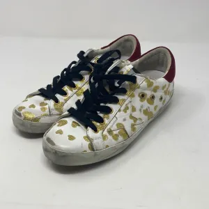 Golden Goose Superstar White Sneaker with Gold Glitter Leopardprint and Maroon Suede Back
