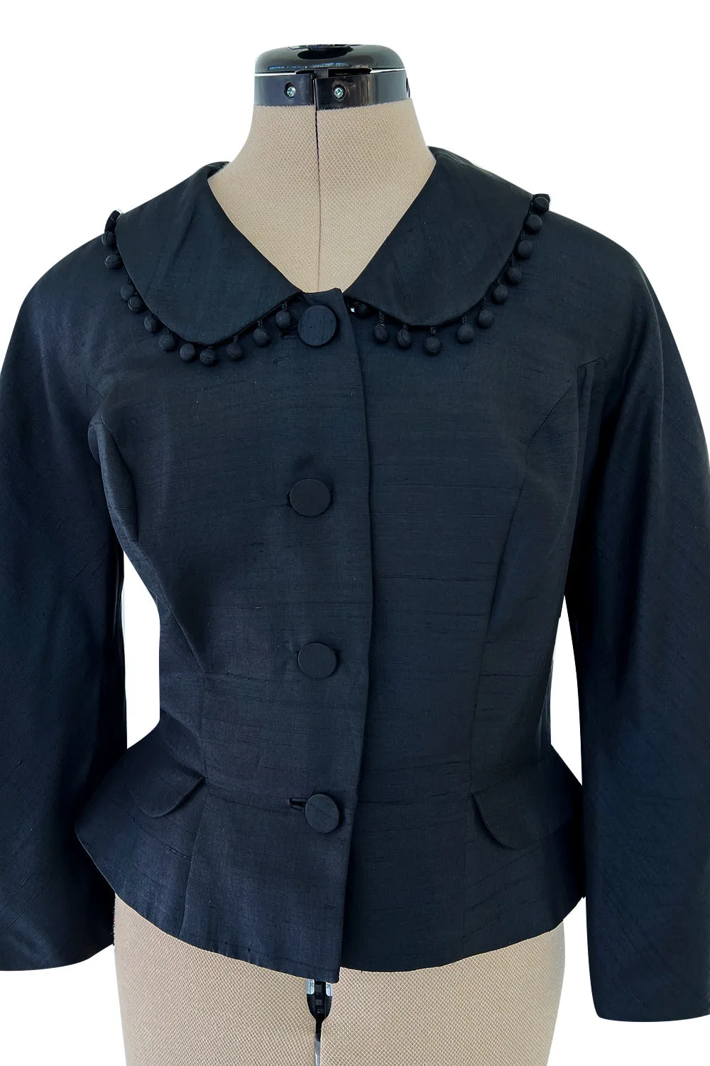 Gorgeous 1950s Unlabeled Black Silk Jacket w Silk Ball Fringe Detailing