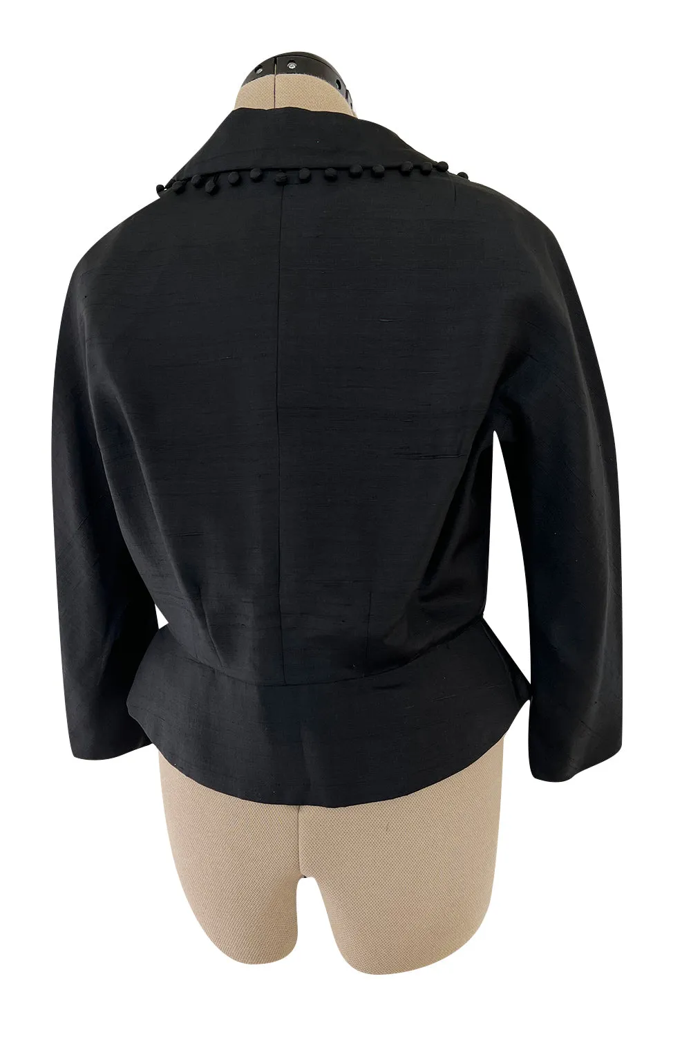 Gorgeous 1950s Unlabeled Black Silk Jacket w Silk Ball Fringe Detailing