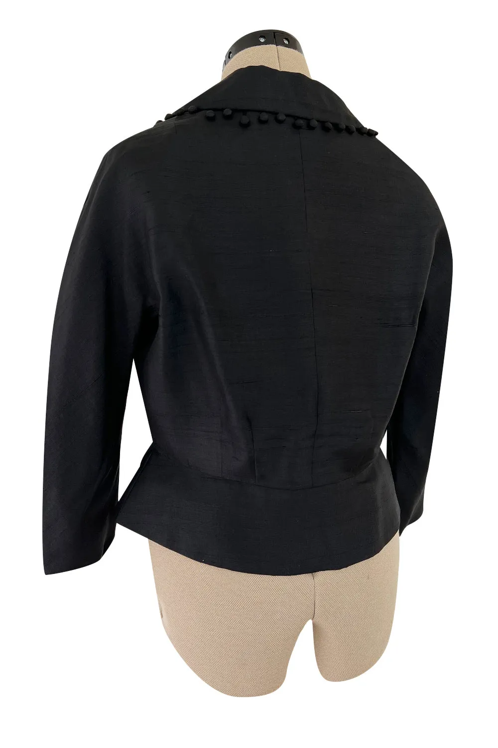 Gorgeous 1950s Unlabeled Black Silk Jacket w Silk Ball Fringe Detailing