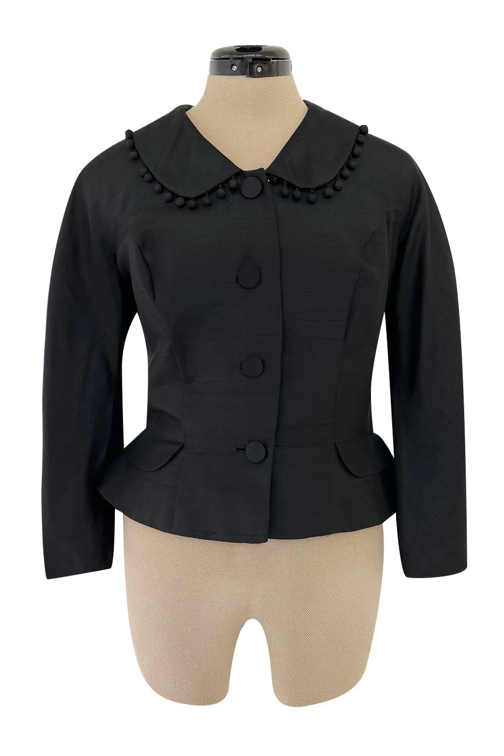 Gorgeous 1950s Unlabeled Black Silk Jacket w Silk Ball Fringe Detailing