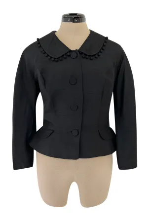 Gorgeous 1950s Unlabeled Black Silk Jacket w Silk Ball Fringe Detailing