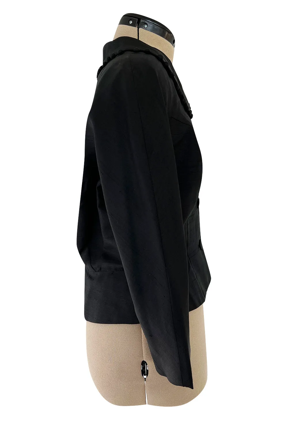 Gorgeous 1950s Unlabeled Black Silk Jacket w Silk Ball Fringe Detailing