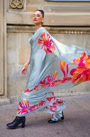 Grey Flora Satin Crepe Saree
