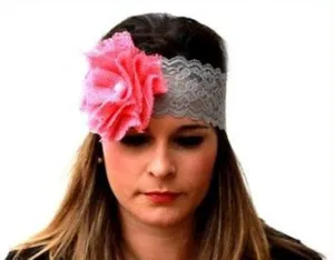 Handmade Rural Haze Pink Burlap and Gray Lace Headband