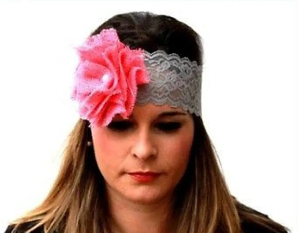 Handmade Rural Haze Pink Burlap and Gray Lace Headband