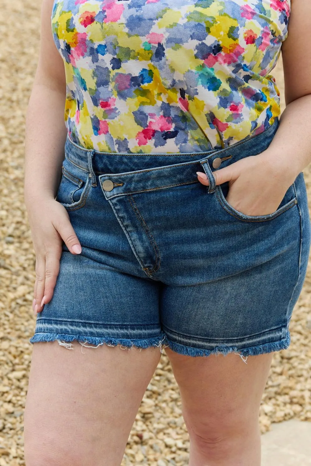 Hazel Blues® |  RISEN Maya Mid Rise Asymetrical Shorts