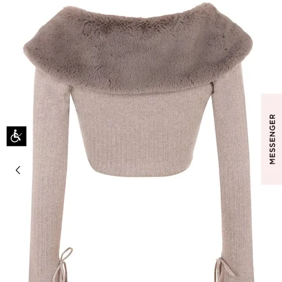 House of CB Dahlia Faux Fur Collar Cashmere Crop Cardigan Beige Camel 🤍