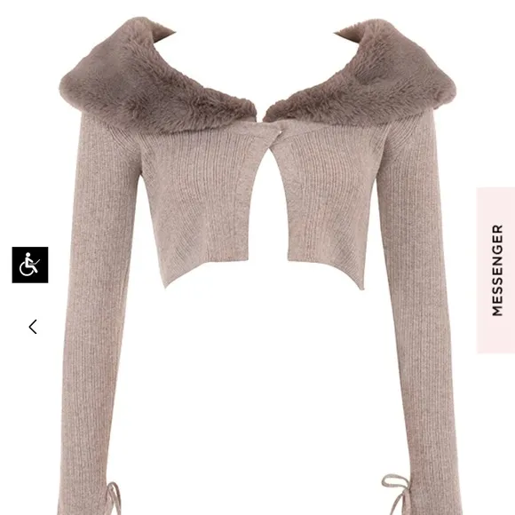 House of CB Dahlia Faux Fur Collar Cashmere Crop Cardigan Beige Camel 🤍