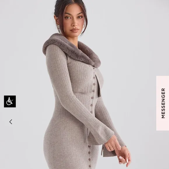 House of CB Dahlia Faux Fur Collar Cashmere Crop Cardigan Beige Camel 🤍