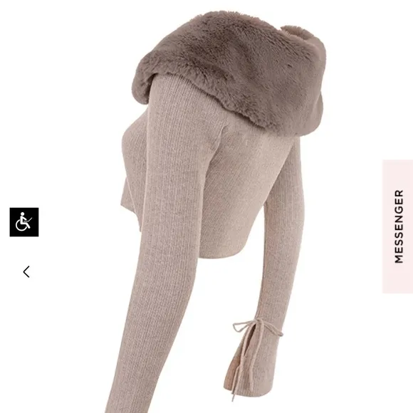 House of CB Dahlia Faux Fur Collar Cashmere Crop Cardigan Beige Camel 🤍