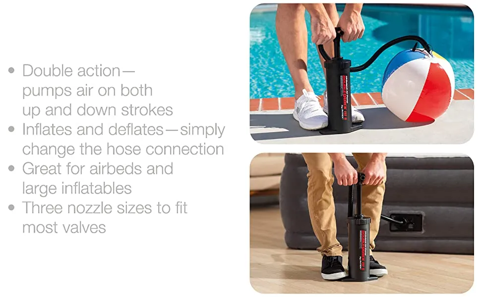Intex Double Quick III S Hand Pump, 14 1/2 in (37cm), includes 3 interconnecting nozzles with hoses to inflate or deflate different types of inflatables