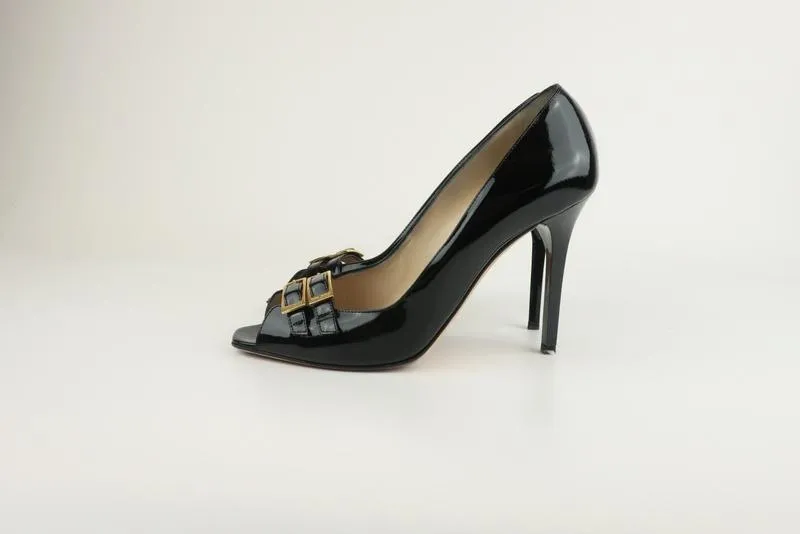Jimmy Choo Buckled Peep Toe Pumps Black Patent Size 39 High Heel