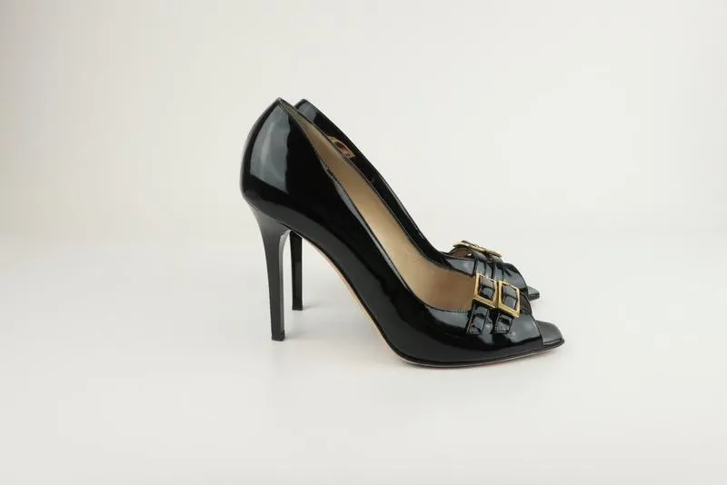 Jimmy Choo Buckled Peep Toe Pumps Black Patent Size 39 High Heel