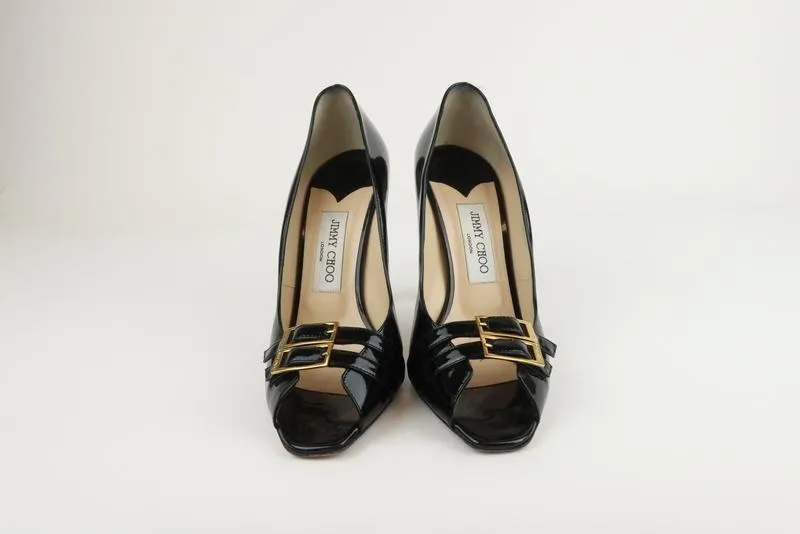 Jimmy Choo Buckled Peep Toe Pumps Black Patent Size 39 High Heel