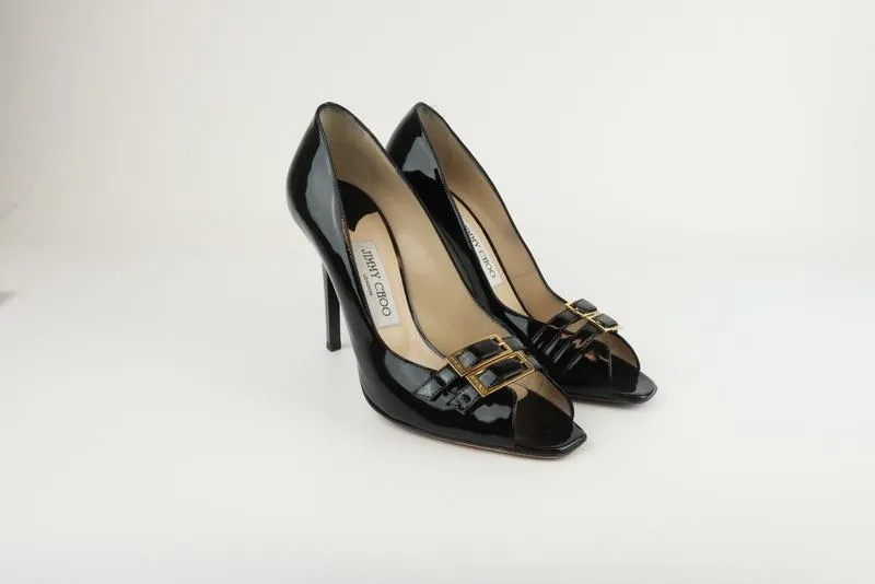 Jimmy Choo Buckled Peep Toe Pumps Black Patent Size 39 High Heel