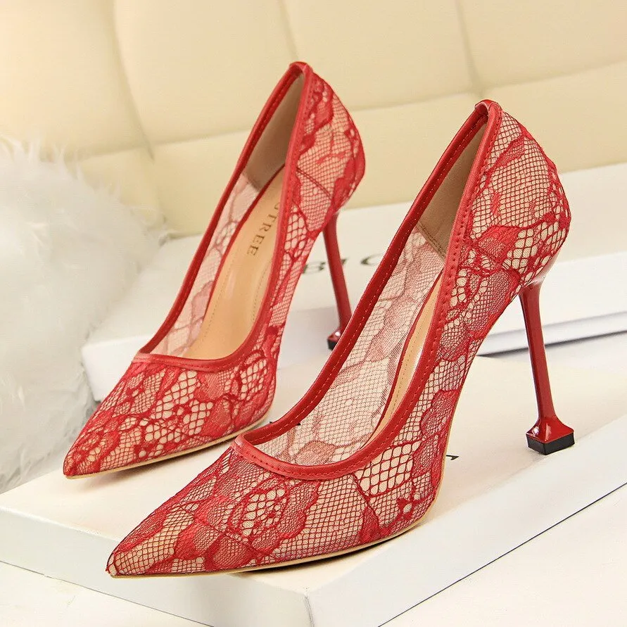 Lace Hollow Mesh Slim Shallow Pointed High Heel Shoes