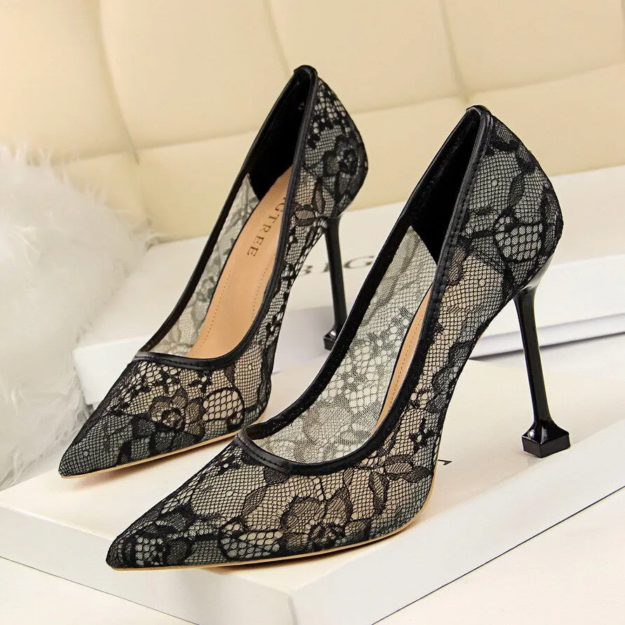 Lace Hollow Mesh Slim Shallow Pointed High Heel Shoes