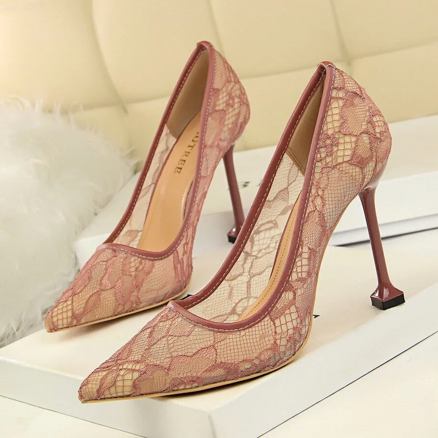Lace Hollow Mesh Slim Shallow Pointed High Heel Shoes