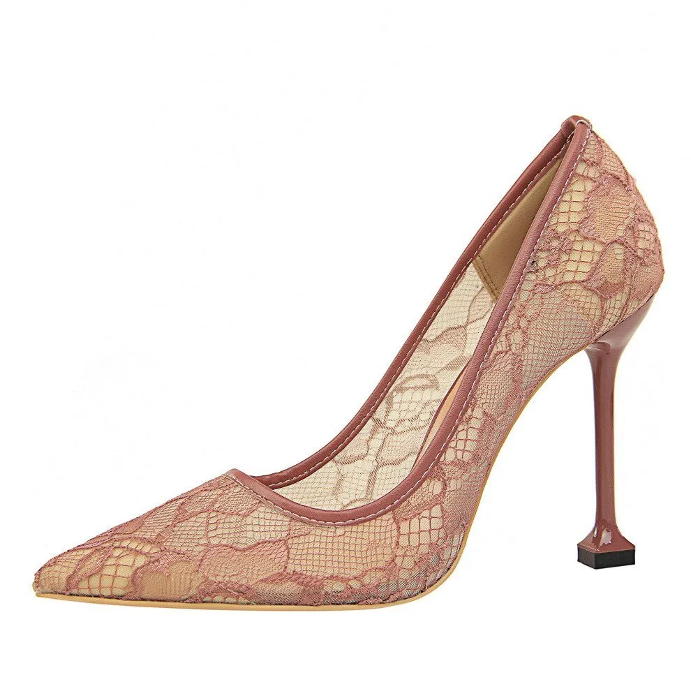 Lace Hollow Mesh Slim Shallow Pointed High Heel Shoes