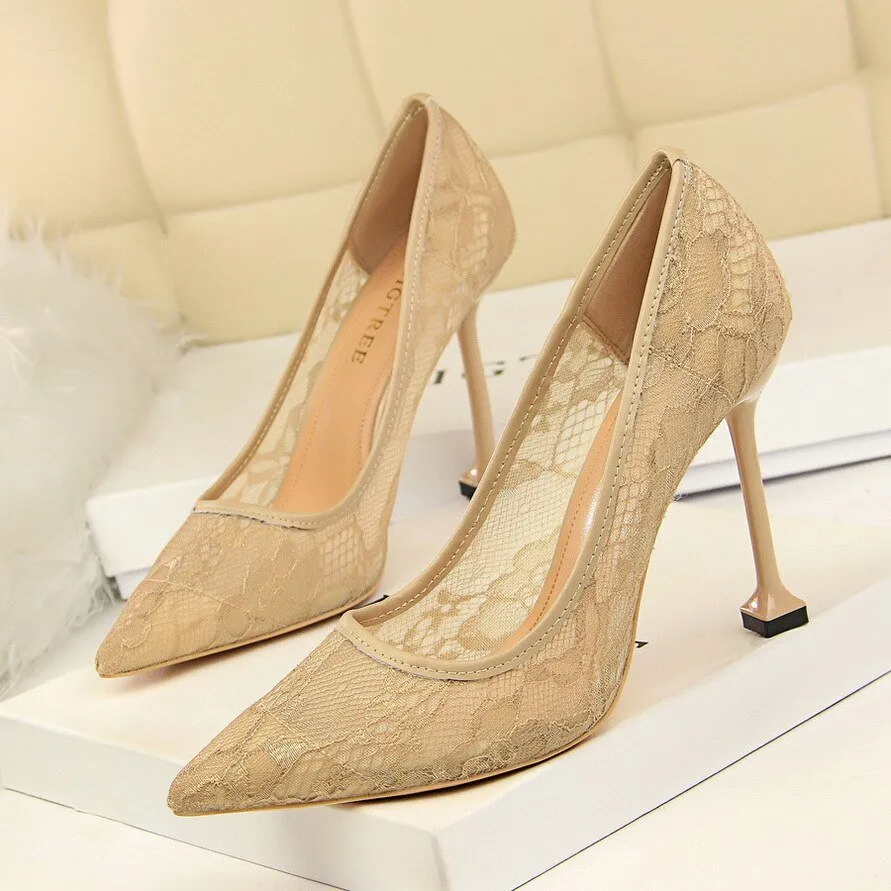 Lace Hollow Mesh Slim Shallow Pointed High Heel Shoes
