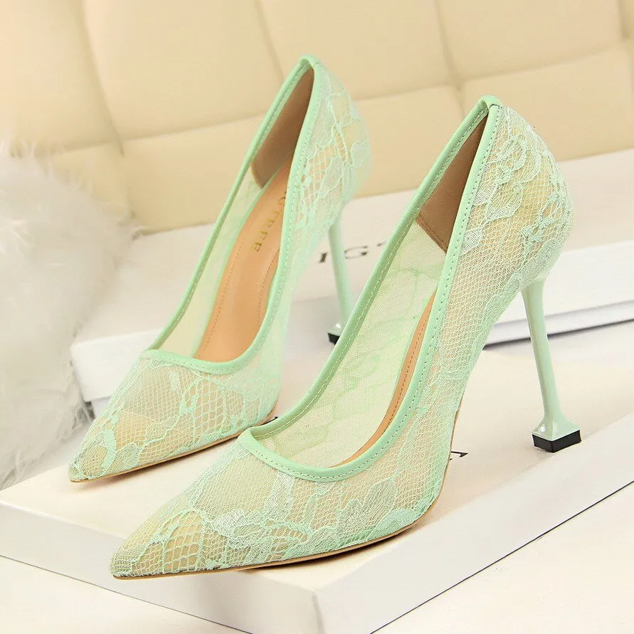 Lace Hollow Mesh Slim Shallow Pointed High Heel Shoes