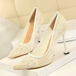 Lace Hollow Mesh Slim Shallow Pointed High Heel Shoes