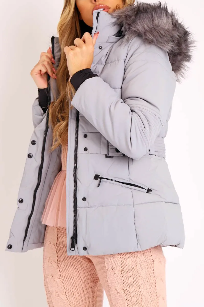 Light Grey Fur Trim Adjustable Waist Puffer Coat - Rossie