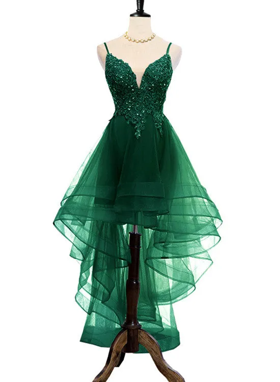 Lovely Dark Green High Low Chic Party Dress Prom Dress, V-neckline Straps Homecoming Dress
