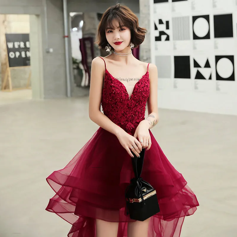 Lovely Dark Green High Low Chic Party Dress Prom Dress, V-neckline Straps Homecoming Dress