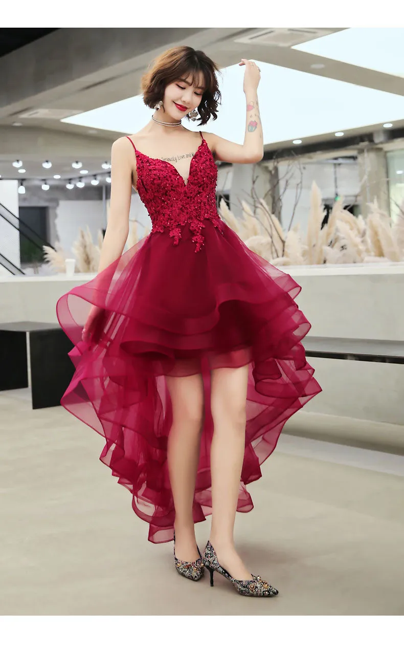 Lovely Dark Green High Low Chic Party Dress Prom Dress, V-neckline Straps Homecoming Dress