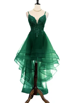 Lovely Dark Green High Low Chic Party Dress Prom Dress, V-neckline Straps Homecoming Dress