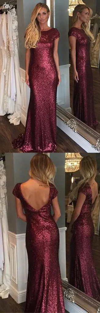 Mermaid Short Sleeve Sequin Long Cheap Bridesmaid Dresses, BD65
