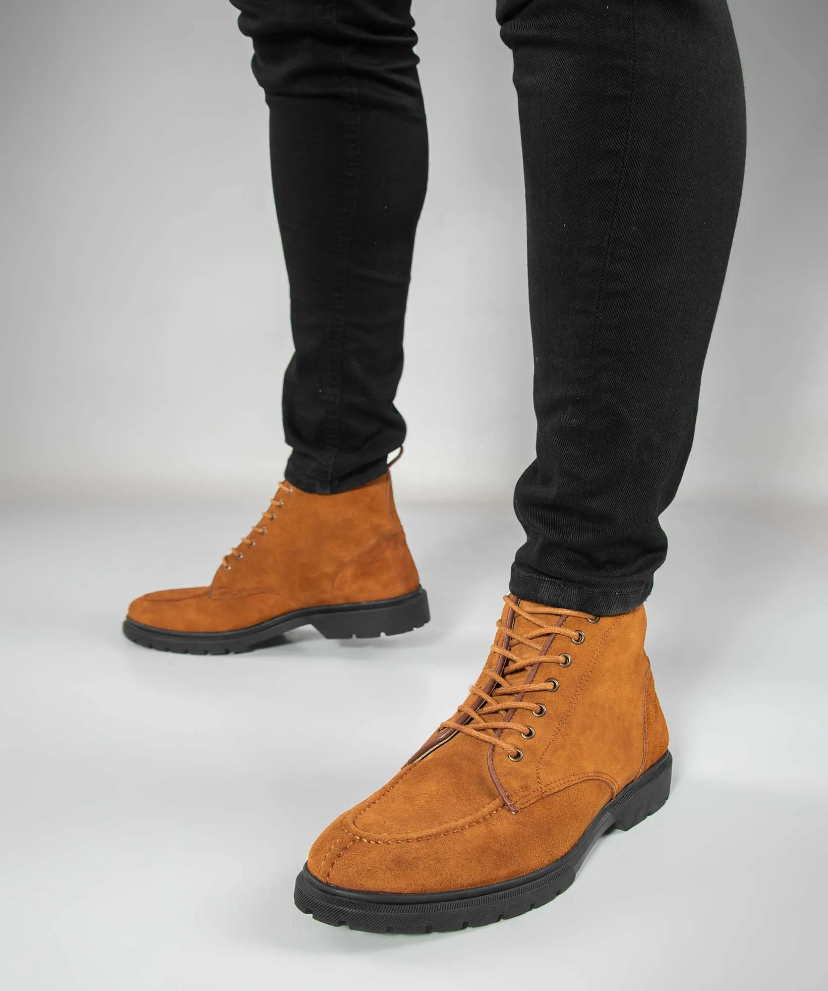 MOC TOE SUEDE LACE UP GENUINE LEATHER HALF BOOTS - HAVANA