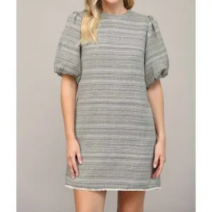 NEW FATE tweed short puff sleeve dress in metallic