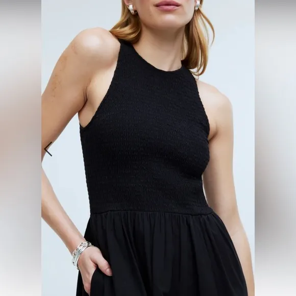 NEW MADEWELL The Petite Melody Smocked Midi Dress Size PXXS Black