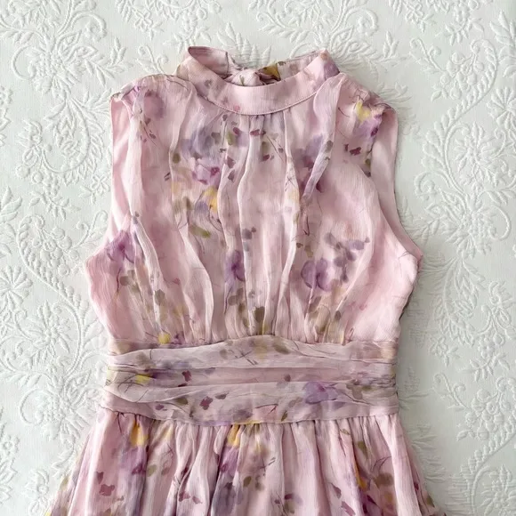 NWOT Lulus Happily Sweet Light Pink Floral Mock Neck Backless Midi Dress Small