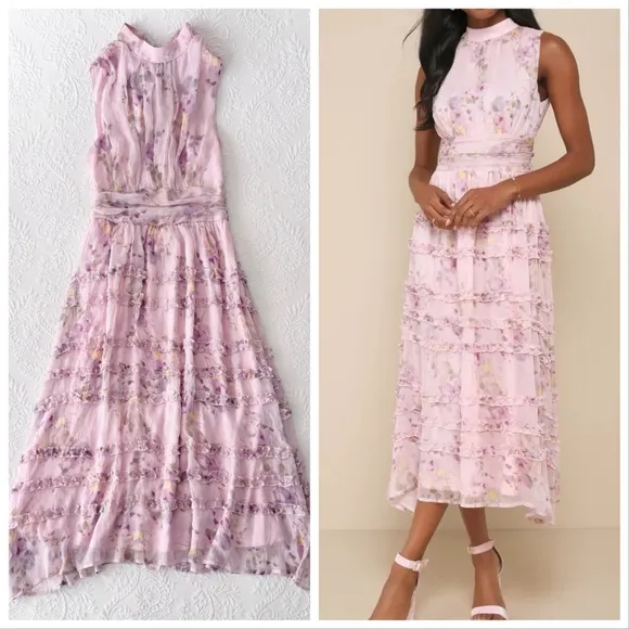 NWOT Lulus Happily Sweet Light Pink Floral Mock Neck Backless Midi Dress Small