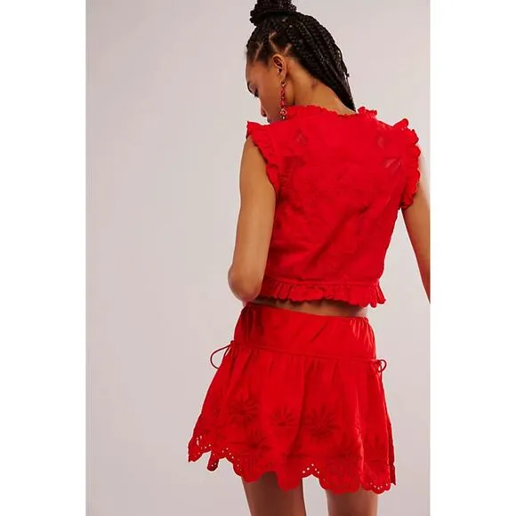NWT Free People Wildest Dreams Mini Skirt Bright Red Cotton Eyelet Coquette