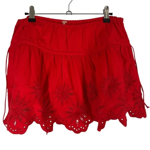 NWT Free People Wildest Dreams Mini Skirt Bright Red Cotton Eyelet Coquette